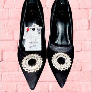 NWT!!! Zara Black Suede Stilettos Rhinestone embellished